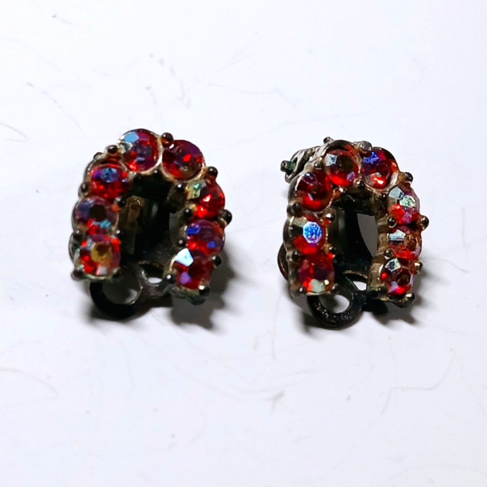 Vintage Red Crystal Clip On Earrings